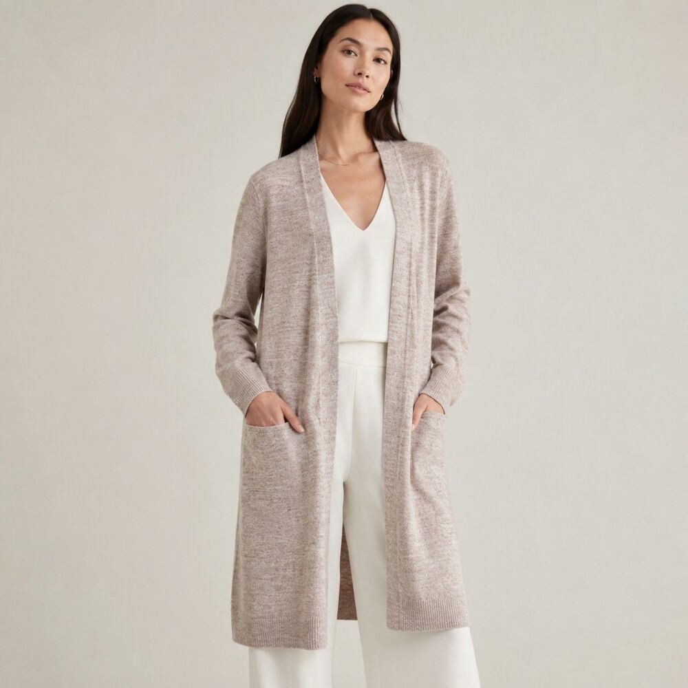 Eileen Fisher Organic Linen Longline Duster Cardigan S Open Front Beige Neutral
